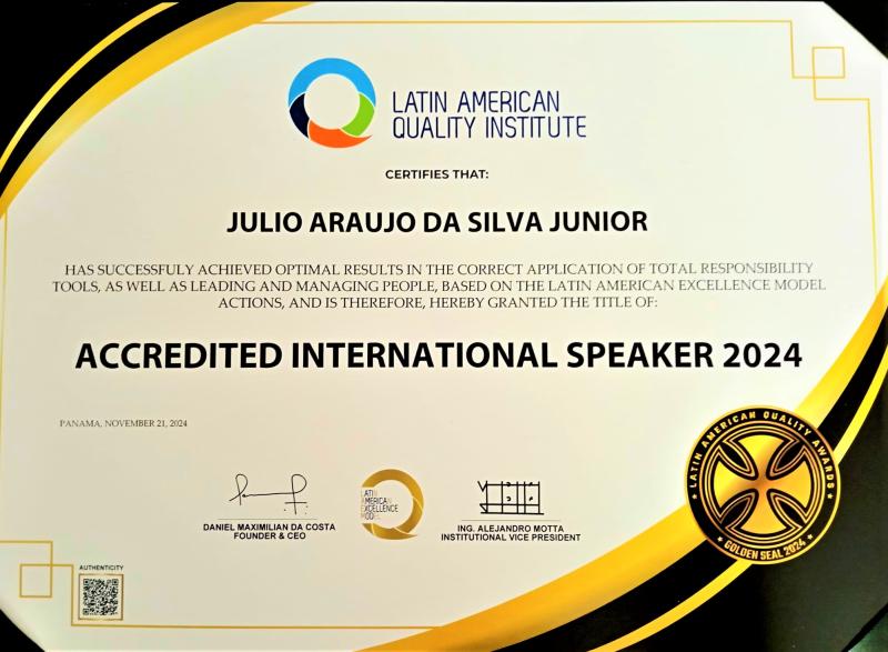 Certificado Accredited International Speaker 2024 do Latin American Quality Institute