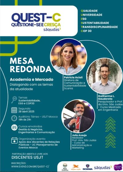 Cartaz da mesa redonda Academia e Mercado com Julio Araujo mediando debate sobre sustentabilidade, ESG e COP30