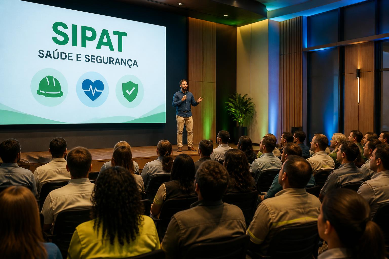 Auditório corporativo durante evento SIPAT com palestrante e colaboradores atentos
